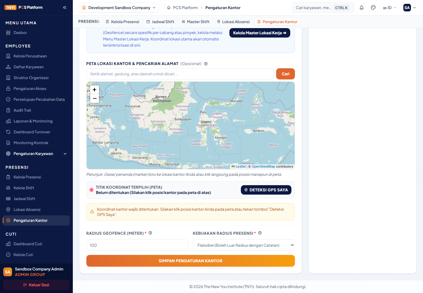 Peta lokasi kantor, koordinat GPS, radius geofence, dan pilihan kebijakan radius presensi