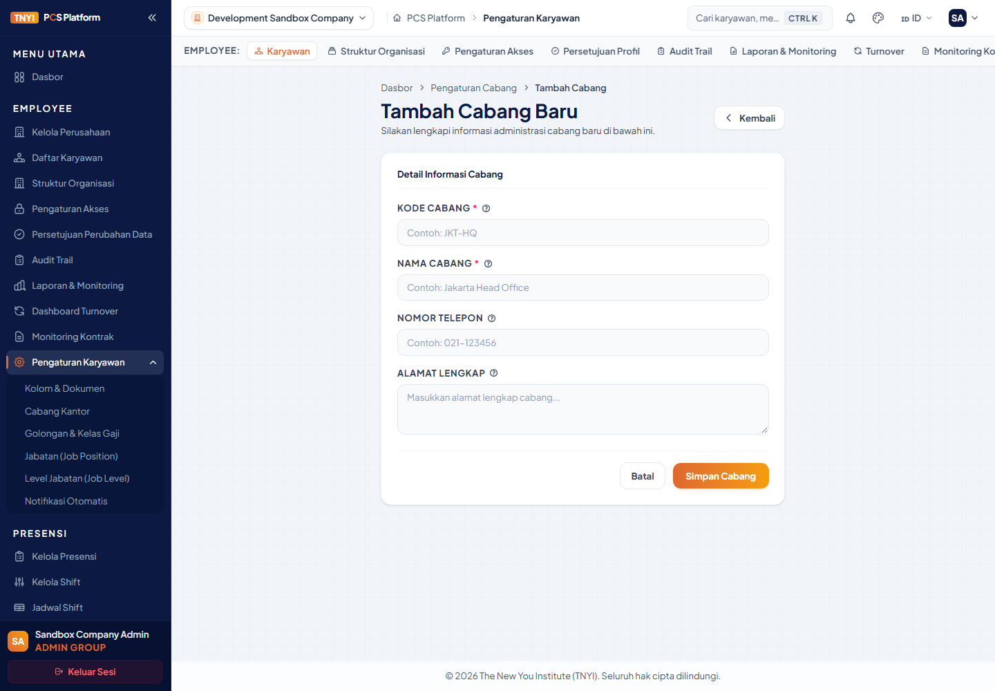 Form Tambah Cabang Baru dengan kolom kode, nama, telepon, dan alamat